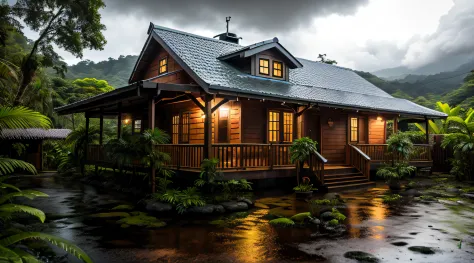 Vintage wooden house, lush small house, beautiful house, night, lights on, Costa Rica green rainforest, Heavy rain falling on the roof, Emphasizing the contrast between the natural environment and the rainwater flowing from the roof, dark scene after the r...