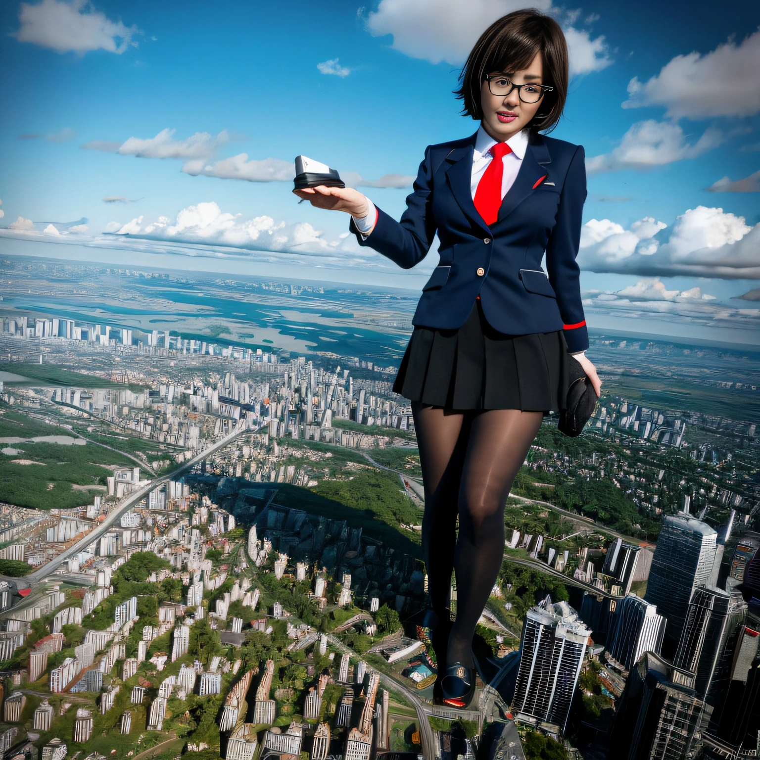 architecture, giantess art, a hyperrealistic schoolgirl, highly detailed giantess shot, der riese, Shorthair, Black pantyhose, A gigantic high school girl that exceeds a skyscraper, Wearing rimless glasses, Colossal tits, Navy blue blazer, Red tie, Mini Length Skirt, Black pantyhose, Pantyhose sole, Pantyhose Toe, hands off shoes, very small metropolis, Trying to destroy a miniature metropolis, Full body depiction, nffsw, Giga Giants, der riese, Black pantyhose, Pantyhose legs, Pantyhose sole, Stomping City, crash city, Small town, micro city,