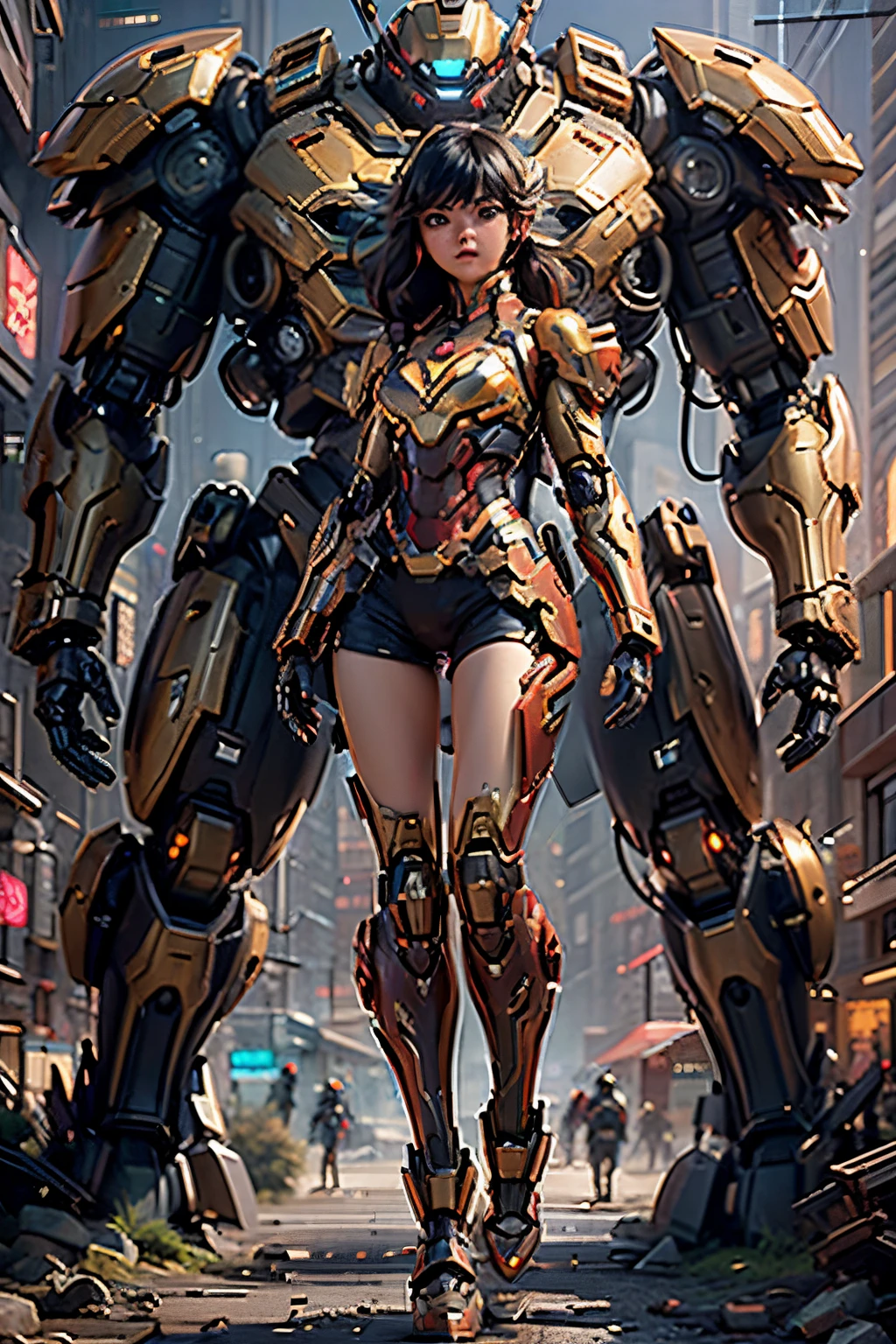 Boutique,best quality,Gold jewelry,(slip out feet),Fairy skin,(Fidelity :1.2),Standing,Super Detailed,realistic,High quality,Movie Light,Ray tracking,Ultra HD,Upper body Girl standing next to giant robot wearing futuristic Iron Man mech, red and gold color scheme, Guweiz-style artwork, CyberPunk mech, Trends on CGSTATION, Guweiz, Russell Dongjun Lu, Digital Cyberpunk Anime Art, Ross Tran 8 K, Guweiz on ArtStation Pixiv, Girl in Mecha Network Armor