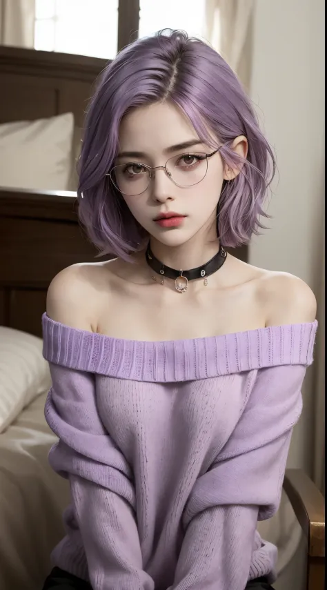 masterpiece, best quality, realistic, highly detailed, 1girl, solo, (body shot), poker face, stylish short hair, ((full light purple hair)), (glasses), choker, large breast, perfect body, ((off shoulder purple sweater)), Lips pierced, tatto on neck, beauti...