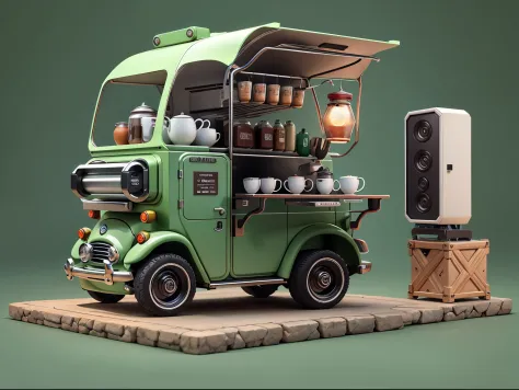 Coffee cart equipped with professional large coffee machine, industrial design, and futuristic design. The truck&#39;s design is inspired by the Wuling Hongguang light truck and the Mini Beetle. Truck color is green，detail-rich,  32k ultra high definition ...