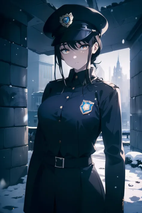 ((Obra maestra, La mejor calidad, ultrahigh resolution)), 1girl, standing, confidant stance, (((((police officer, wearing blue police uniform, police unifrom)))), (((wearing beat cop hat))), (black, black beat cop hat), (((black hair, dark black hair))), long hair cut, pale skin, ((brown eyes)), glowing_eyes, neon eyes, (ultra detailed eyes:0.7, beautiful and detailed face, detailed eyes:0.9), ((centered)), smile, ((wide shot)), facing viewer, eye level, ((vibrant background, snowy landscape, cityscape, snowing, snow)), flat chested, looking at viewer, ((half closed eyes)), ((perfect hands)), ((head:1, armored arms, hips, elbows, in view:1)), (((hands behind back))), empty eyes, beautiful lighting, outside, outdoors, background, defined subject, (25 years old), (head tilt), (((epic))), (((cool))), ((shaded face))