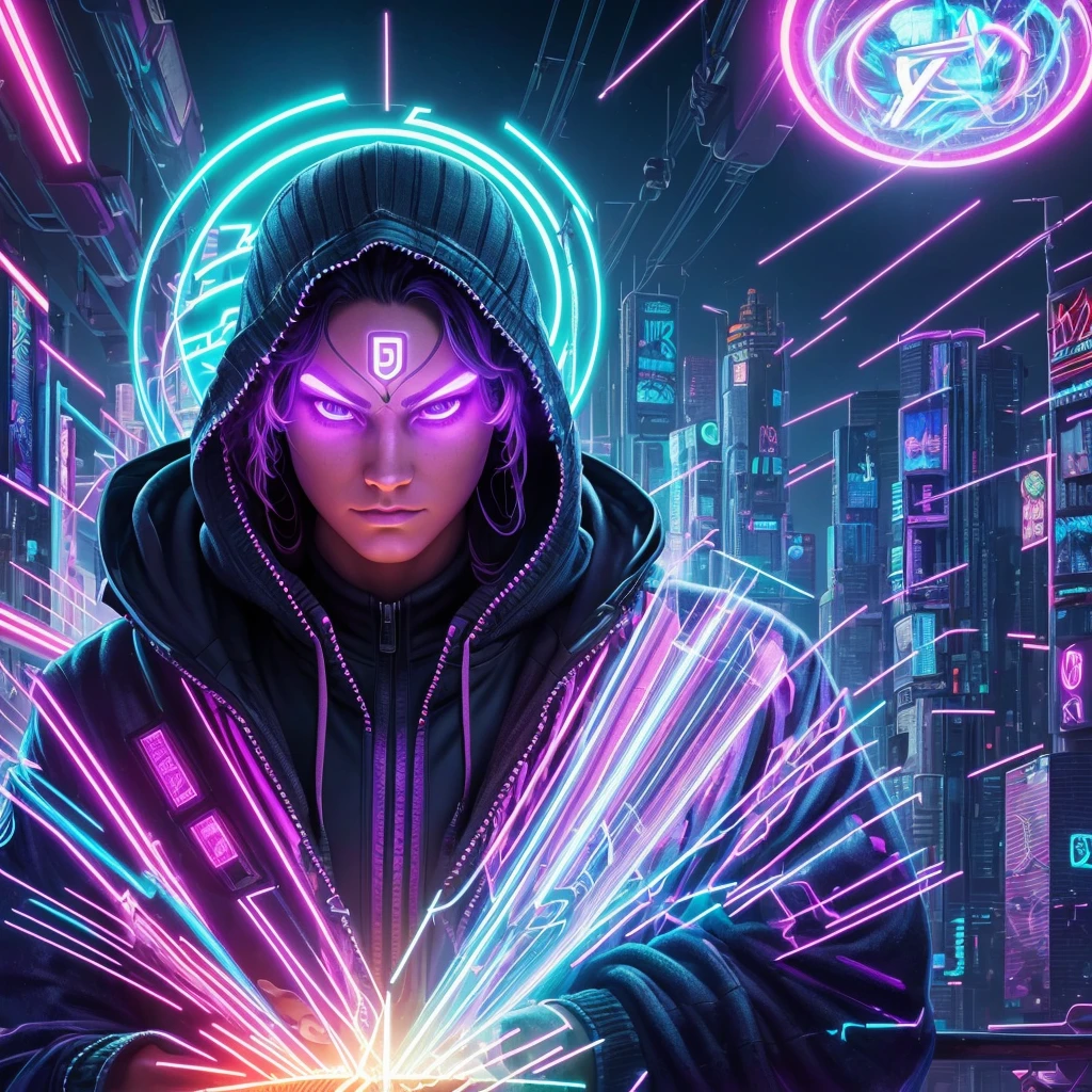 une illustration numérique d&#39;une personne portant un sweat à capuche avec un halo lumineux, art cyberpunk numérique avancé, et maman and alex grey style, style artistique cyberpunk, cyberpunk numérique - art anime, et maman. rendu virtuel, Greg Beeple, oeuvre de psytrance, Portrait d&#39;un chaman numérique, zen méditation cyberpunk, fractal thunder et maman, 8k