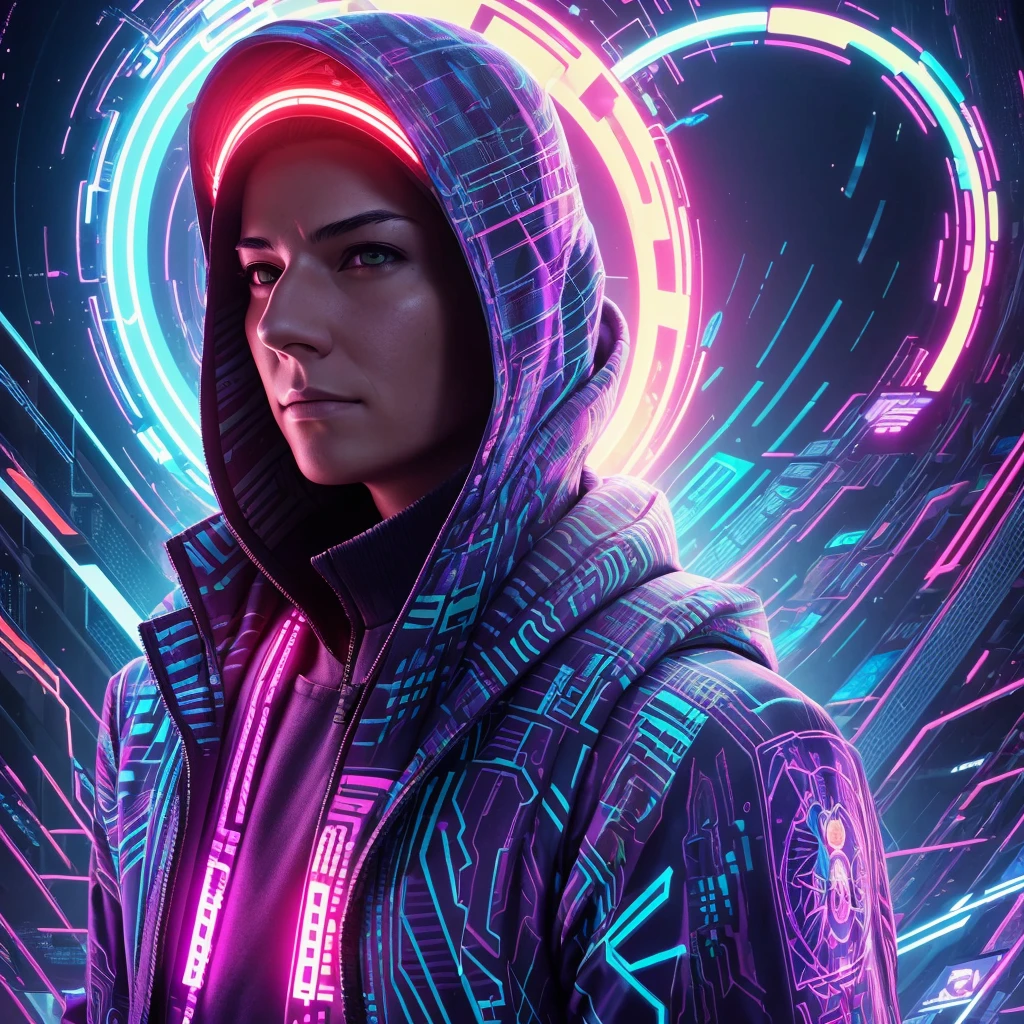 une illustration numérique d&#39;une personne portant un sweat à capuche avec un halo lumineux, art cyberpunk numérique avancé, et maman and alex grey style, style artistique cyberpunk, cyberpunk numérique - art anime, et maman. rendu virtuel, Greg Beeple, oeuvre de psytrance, Portrait d&#39;un chaman numérique, zen méditation cyberpunk, fractal thunder et maman, 8k