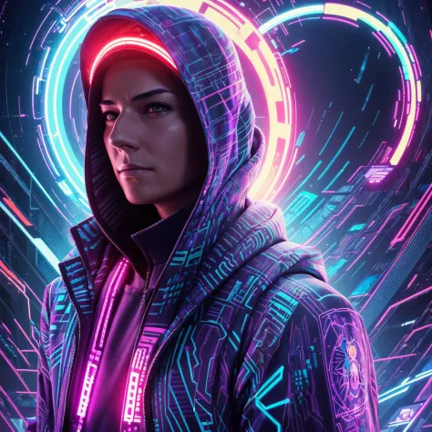 a digital illustration of a person in a hoodedie with a glowing halo, advanced digital cyberpunk art, dan mumford and alex grey ...