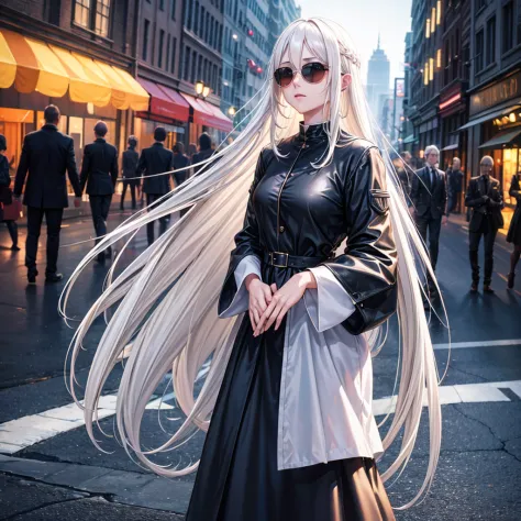 Ultra Quality, Shiny Skin, Atmospheric, 8K, Cinematic, ((Street background)), BREAK, ((Long White Hair)), narrowed black eyes, l...