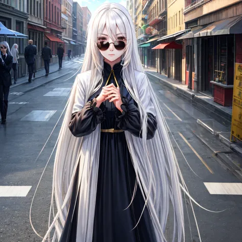 Ultra Quality, Shiny Skin, Atmospheric, 8K, Cinematic, ((Street background)), BREAK, ((Long White Hair)), narrowed black eyes, l...