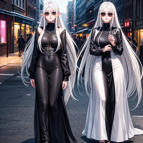 Ultra Quality, Shiny Skin, Atmospheric, 8K, Cinematic, ((Street background)), BREAK, ((Long White Hair)), narrowed black eyes, l...