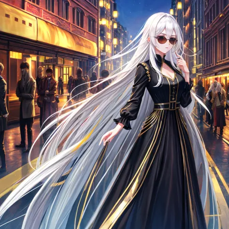 Ultra Quality, Shiny Skin, Atmospheric, 8K, Cinematic, ((Street background)), BREAK, ((Long White Hair)), narrowed black eyes, l...