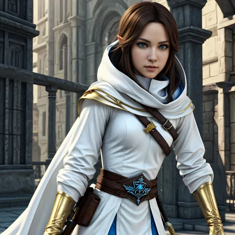 a full-body shot of princess zelda, brown hair, blue eyes, dressed as an assassin from assassins creed, in white+gold witha whit...