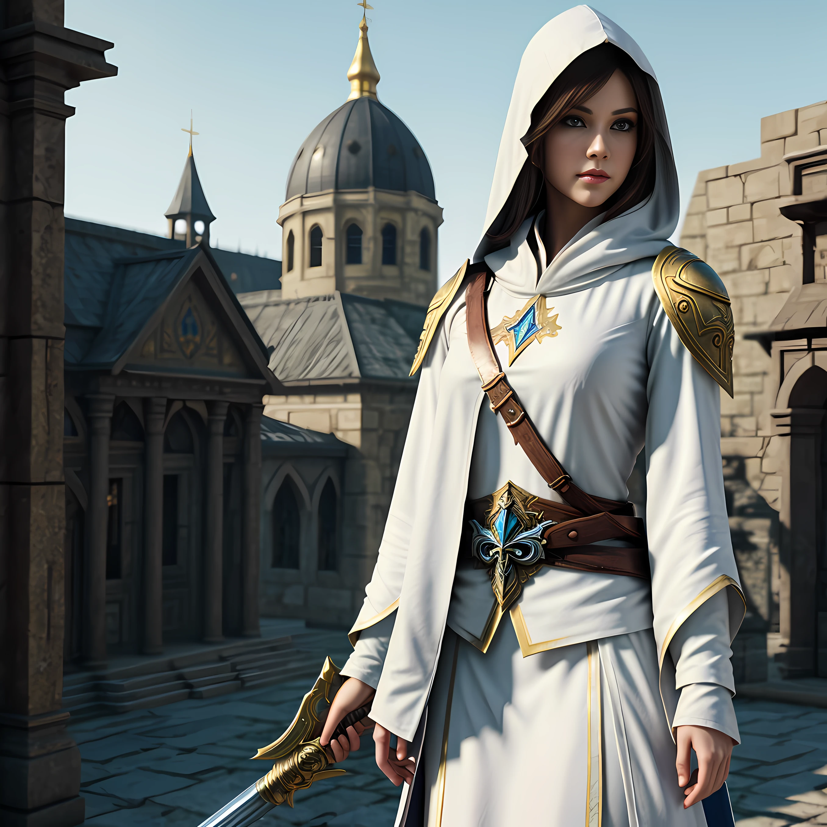 A full-body shot of Princess Zelda, brown hair, blue eyes, dressed as an Assassin from Assassins Creed, in white+gold witha white mask and hood with gold details, XL bust, using a wrist blade. Background: A city during the renaissance period. Unreal Engine 5, Anime, Anime style, Masterpiece, Well drawn eyes, well drawn face, well detailed eyes, well detailed face, 8k, light and shadow effect.