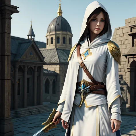 a full-body shot of princess zelda, brown hair, blue eyes, dressed as an assassin from assassins creed, in white+gold witha whit...