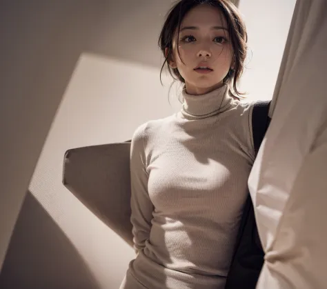 wearing a white turtleneck