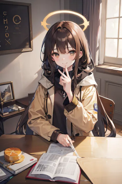 Long brown hair，The halo，gold eyes，Smile sweetly，Hooded trench coat，No hats，School shirts，pic，1 girl，inside a room