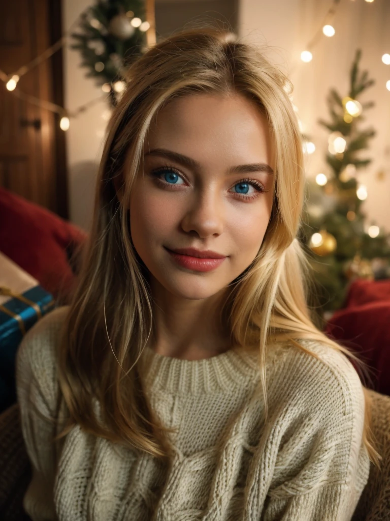 1girl, solo, smile, blue eyes, blonde hair, looking at viewer, christmas tree, long hair, sweater, realistic, christmas, blurry, white sweater,  indoors, upper body, christmas ornaments, blurry background, lips