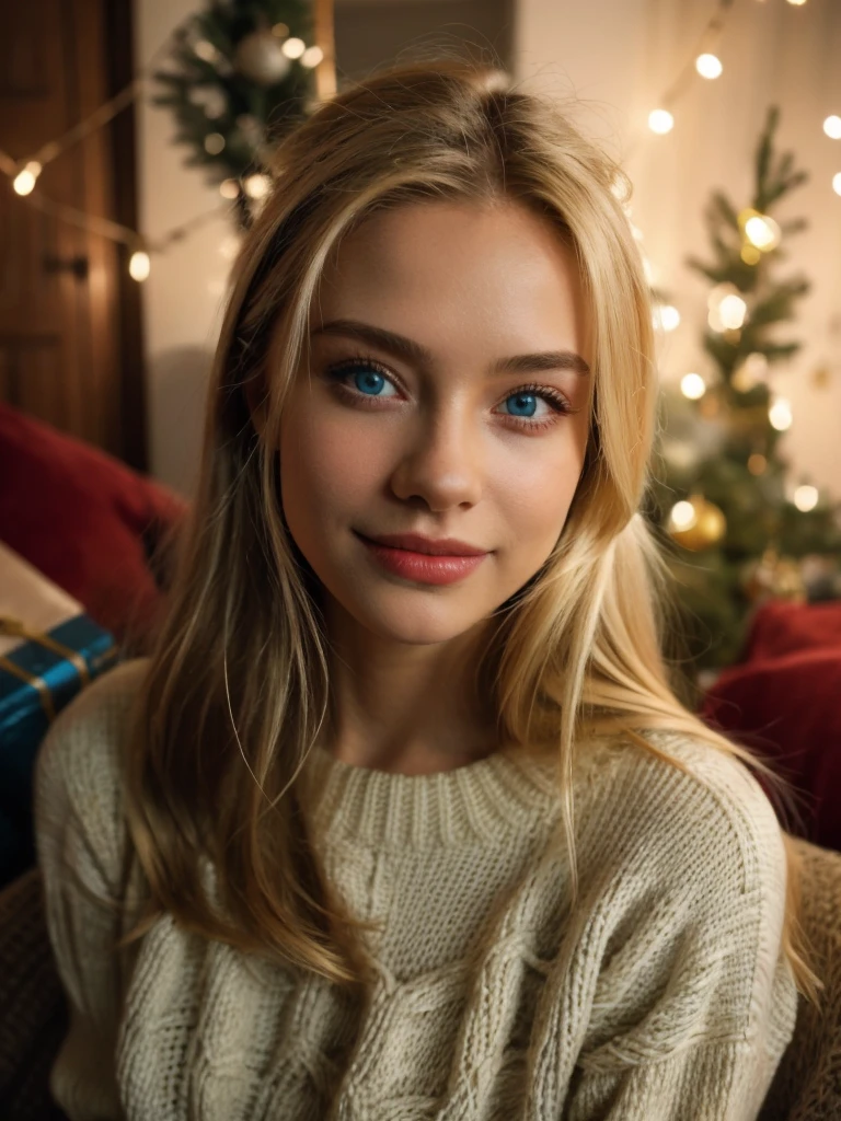 1 Mädchen, Allein, lächeln, blaue Augen, Blondes Haar, Betrachter betrachten, Weihnachten tree, lange Haare, Pullover, realistisch, Weihnachten, verschwommen, white Pullover,  drinnen, Oberkörper, Weihnachten ornaments, verschwommen background, Lippen