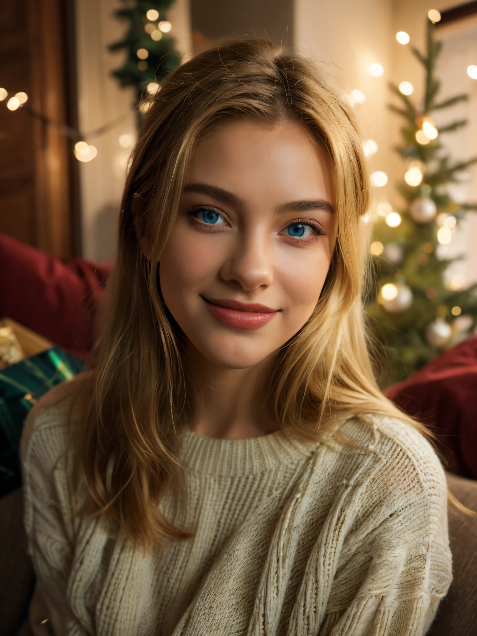 1girl, solo, smile, blue eyes, blonde hair, looking at viewer, christmas tree, long hair, sweater, realistic, christmas, blurry, white sweater,  indoors, upper body, christmas ornaments, blurry background, lips