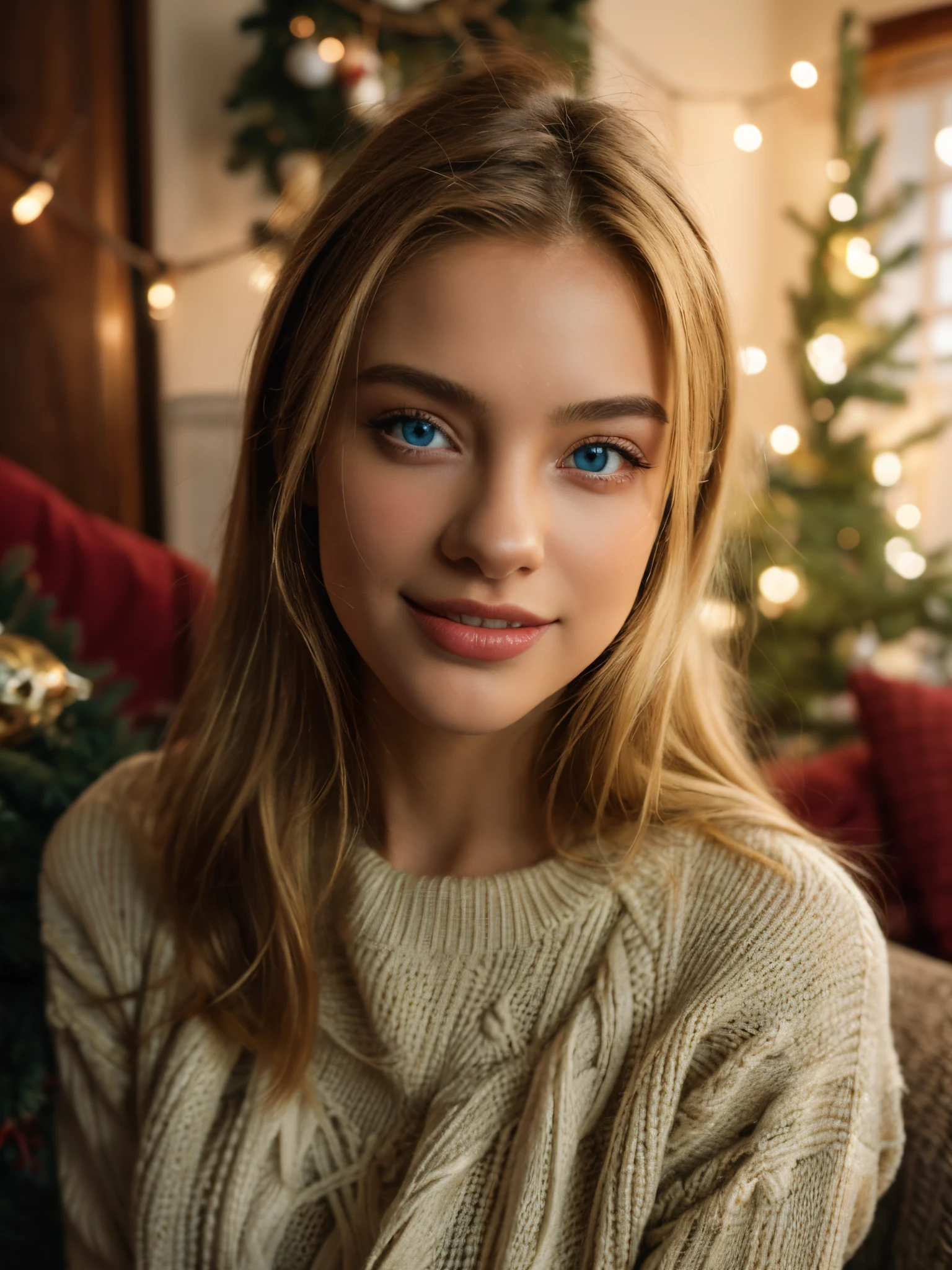 1girl, solo, smile, blue eyes, blonde hair, looking at viewer, christmas tree, long hair, sweater, realistic, christmas, blurry, white sweater,  indoors, upper body, christmas ornaments, blurry background, lips
