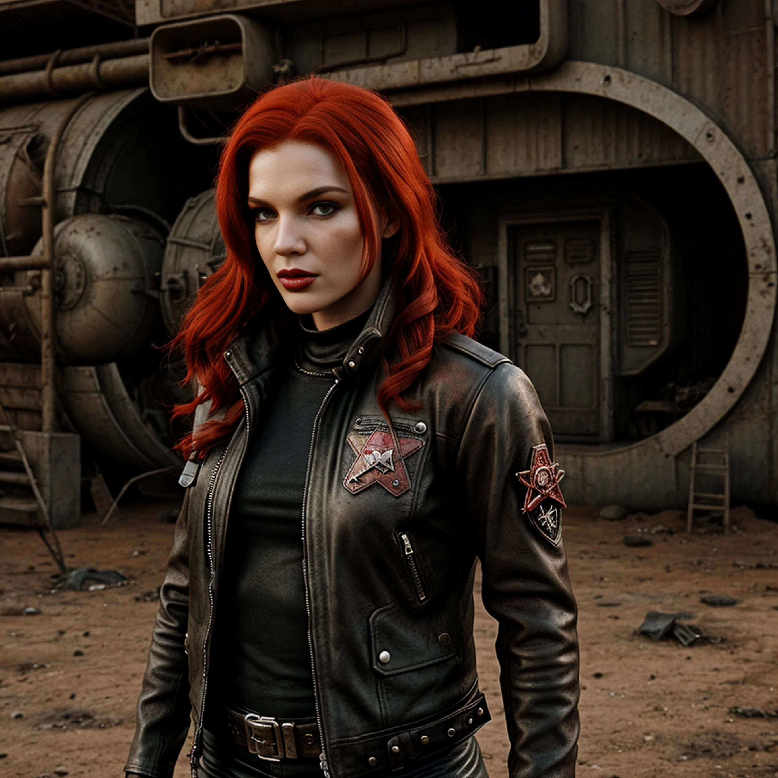 wasteland outlaw, red hair, black leather jacket, patches, retrofuturism, fallout, 50s