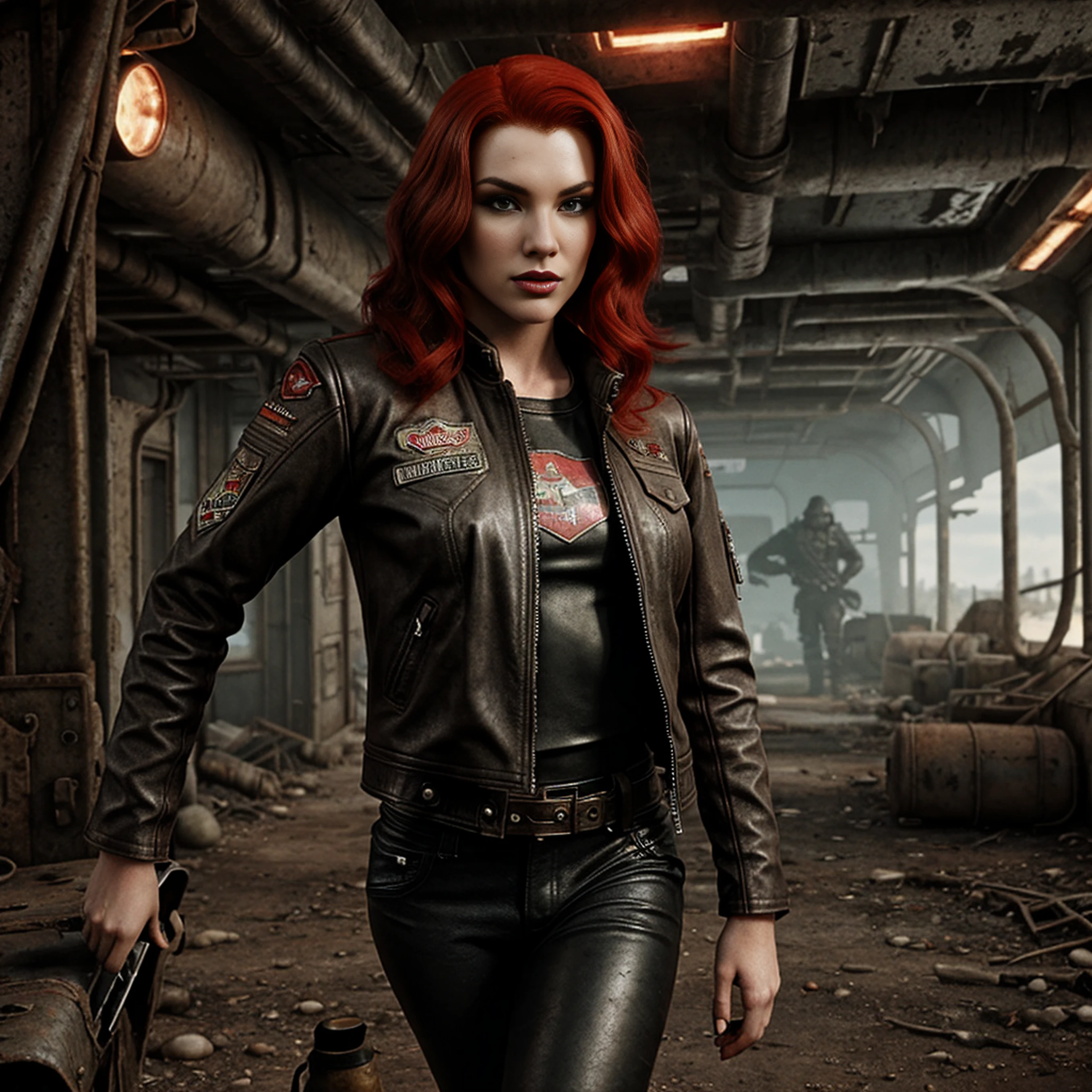 wasteland outlaw, red hair, black leather jacket, patches, retrofuturism, fallout, 50s