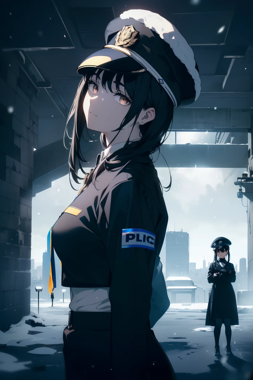 ((Obra maestra, La mejor calidad, ultrahigh resolution)), (((2girls))), standing next to each other, confidant stance, (((((two police officers, wearing blue police uniforms, police uniforms)))), (((wearing beat cop hat))), (black, black beat cop hat), (((black hair, dark black hair))), long hair cut, pale skin, ((brown eyes)), glowing_eyes, neon eyes, (ultra detailed eyes:0.7, beautiful and detailed face, detailed eyes:0.9), ((centered)), smile, ((wide shot)), facing viewer, eye level, ((vibrant background, snowy landscape, cityscape, snowing, snow)), flat chested, looking at viewer, ((half closed eyes)), ((perfect hands)), ((head:1, armored arms, hips, elbows, in view:1)), (((hands behind back))), empty eyes, beautiful lighting, outside, outdoors, background, defined subject, (25 years old), (head tilt), (((epic))), (((cool))), ((shaded face))