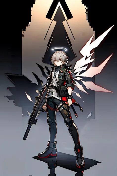 (masterpiece), best quality, solo, arknights design, arknights character, arknights style, dynamic pose, full body, arknights operator, lean body, toned body, Ash gray hair, white halo, sharp eyes, gray eyes, pale skin, medium height, dark, durable pants, ...