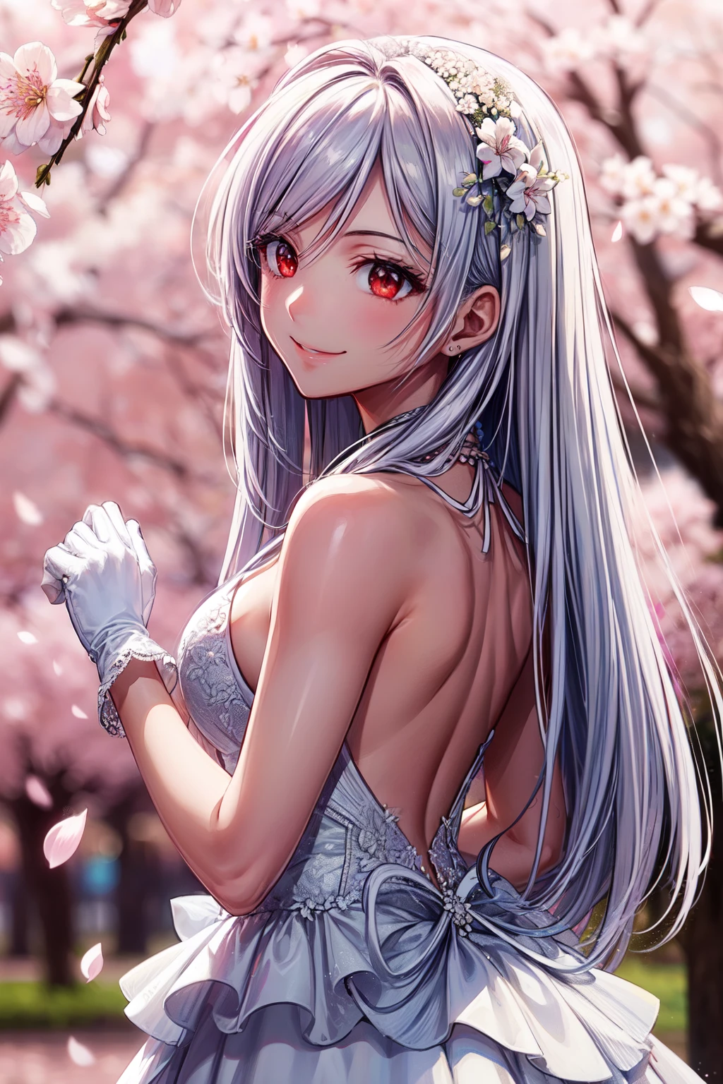 1 girl, 28 years old, Long silver hair, red eyes with slit pupils, small breasts, master-piece, best quality,  proportional body, proportional, Wedding Dresses, White Wedding Dress, Long skirt, wedding, Under the cherry blossom tree background, Cherry blossom petals are falling, outdoor, wedding,  close-up of the upper body, The sky is beautiful, Both hands hold a bouquet of flowers, white gloves, Make eye contact with the camera, back figure, looking back, (light_Smile:1.5), (Detailed hands and fingers:1.2)