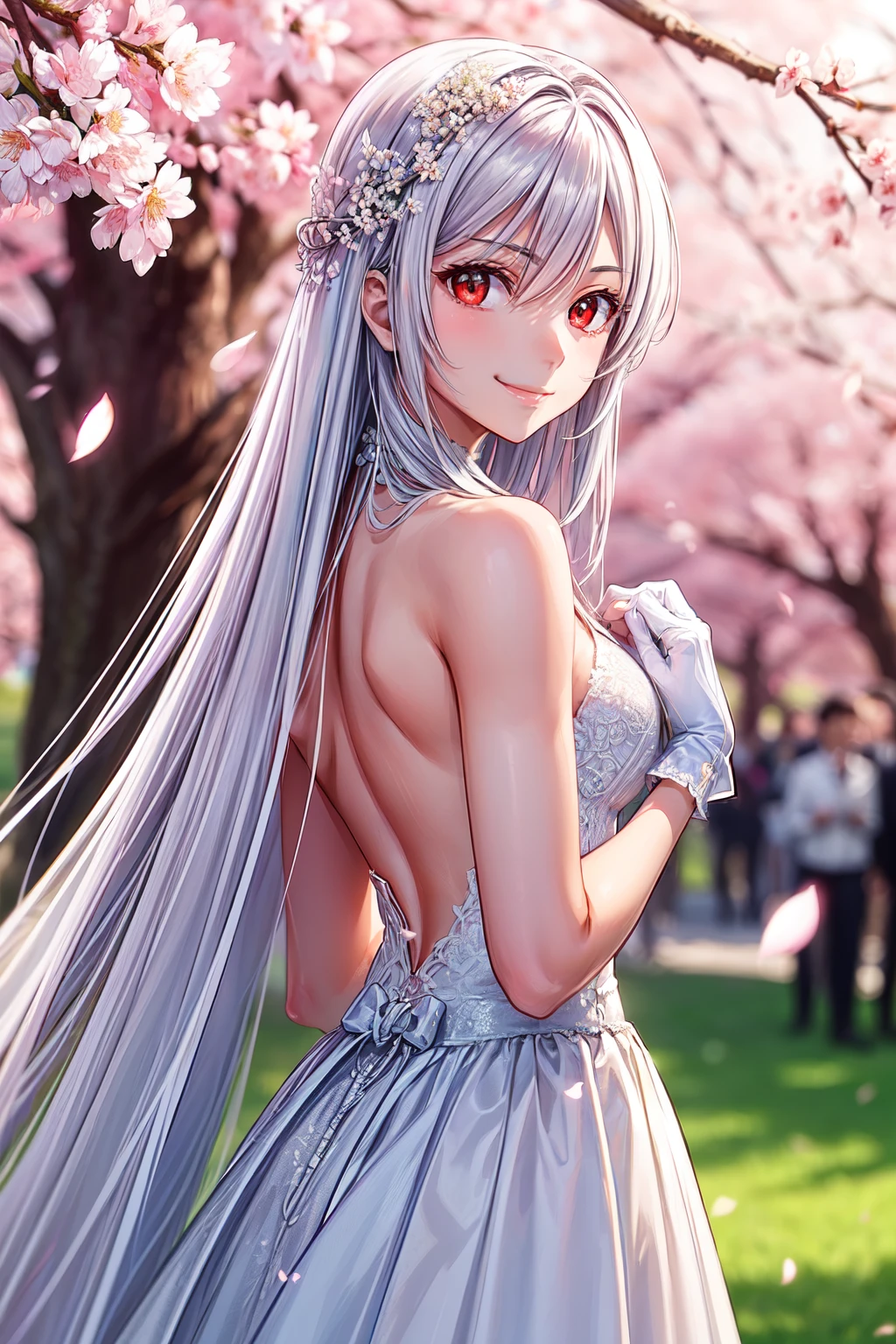 1 girl, 28 years old, Long silver hair, red eyes with slit pupils, small breasts, master-piece, best quality,  proportional body, proportional, Wedding Dresses, White Wedding Dress, Long skirt, wedding, Under the cherry blossom tree background, Cherry blossom petals are falling, outdoor, wedding,  close-up of the upper body, The sky is beautiful, Both hands hold a bouquet of flowers, white gloves, Make eye contact with the camera, back figure, looking back, (light_Smile:1.5), (Detailed hands and fingers:1.2)