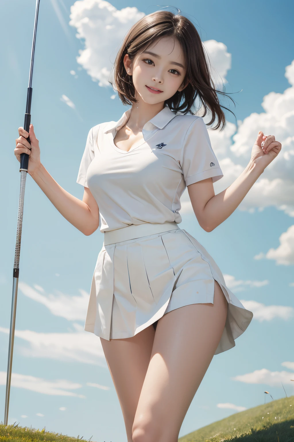 、Blissful smile、((nude: 1.3)) naked、、lawn、Sweating、standing、(((clong leg、thigh thigh thigh thigh)))、Sun protection、Medium hair、cleavage、1 girl ,Perfect Golf Game,fresh breasts,convex buttocks,Pastel Sports Short Sleeves,(((white tight short skirt))),white sports socks,White shoes,wet body,Swinging a golf club,Golf Course,Sunny day， Clouds， Detailed background, Clothing Details, Perfect proportions, film grain, Fuji color, light and shadow contrast, tmasterpiece, high detail, high quality, high resolution, cinematic lighting, 8K, Textured skin, Super Detail