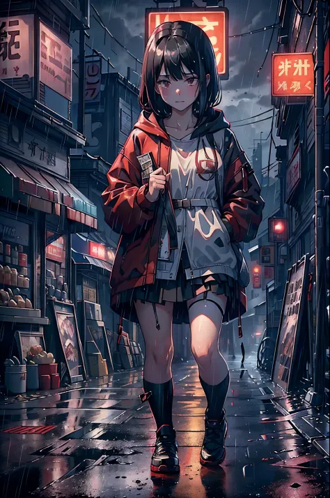 8K，tmasterpiece，Best quality at best，hyper-detailing，realistically，realistically，Extremely detailed face，电影灯光，电影灯光，Ray traching，unlit hair，
on a cloudy street，Corner store，foggy and heavy rain，A girl with black hair and black eyes stood in the middle of th...