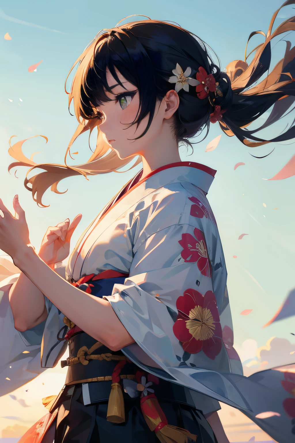 日本女武士拉弓, 在風中吹, (最好的品質), 精緻美麗的細節,和服,