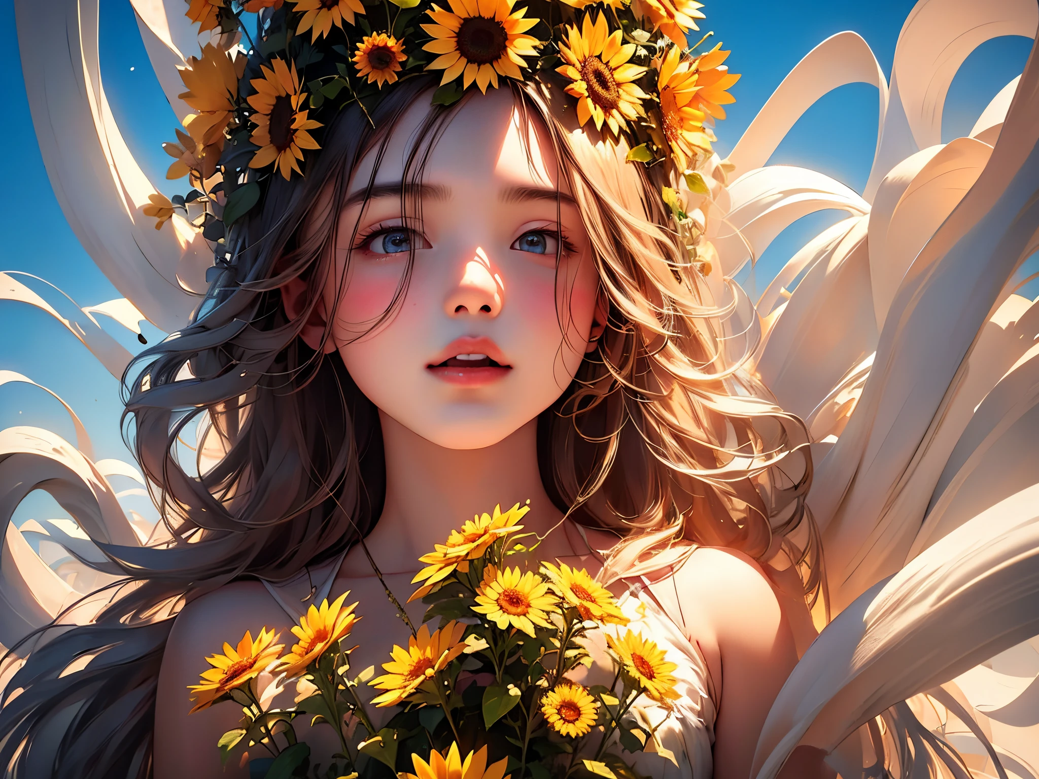 (best quality, highres, ultra-detailed, realistic:1.37), vibrant colors, warm hues, natural lighting, medium:fractal art, girl with flowing hair, serene expression, delicate facial features, intricate sunflower field, golden sunlight, soft breeze, dreamlike atmosphere, ethereal beauty, tranquil background, vivid petal textures, subtle shadows on the girl's face and body, fine details of the sunflowers, hypnotic patterns, captivating composition, magical and surreal, mesmerizing color palette, enchanting and peaceful ambiance.