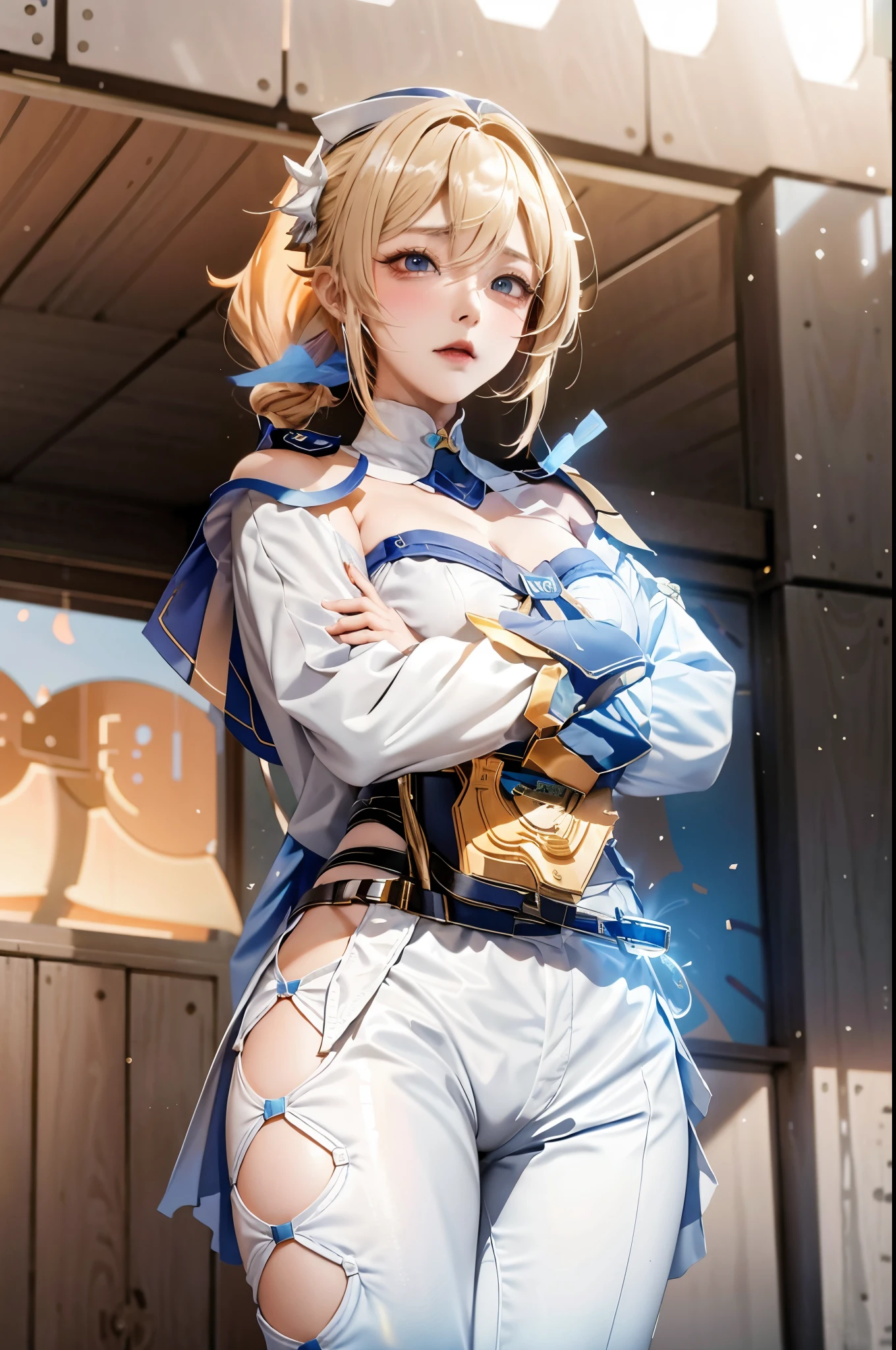 Anime character with blond hair and blue eyes standing in front of a building, Ayaka Genshin impact, Artoria Pendragon, ayaka game genshin impact, Kushat Krenz Important Women in the Art World, offcial art, 《genshin impact》Ke Qingyu, Genshin impact's character, anime visual of a young woman, Translucent liquid comes from《Azure route》videogame, genshin impact，long white pants