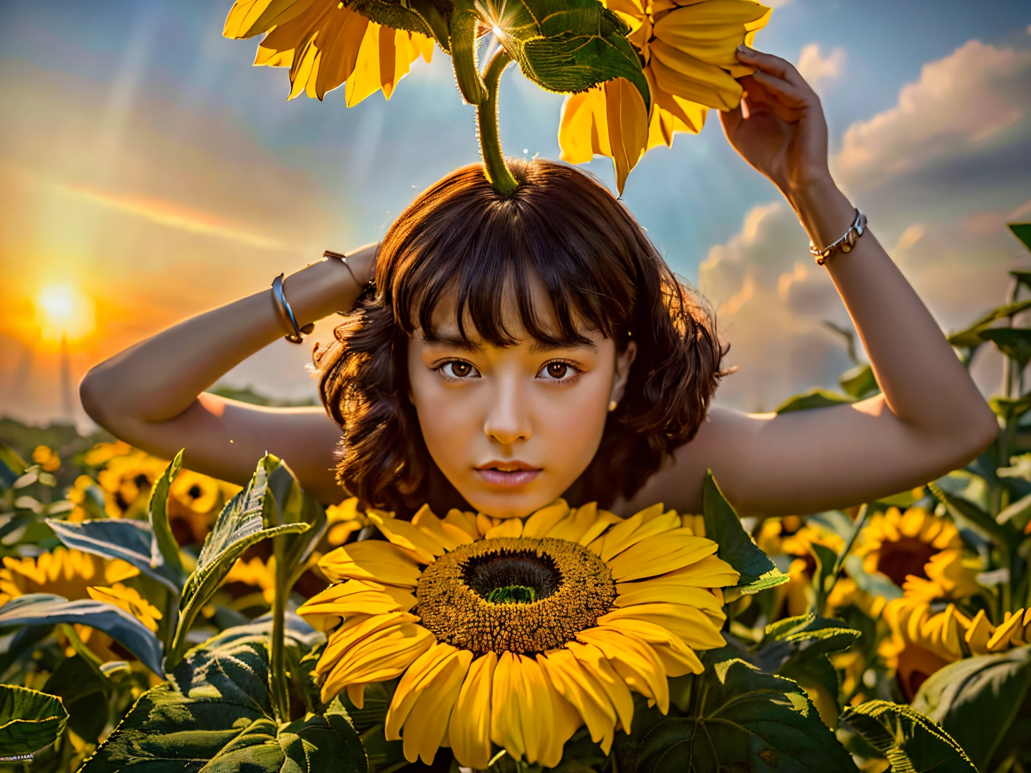 (best quality,4k,8k, highres, masterpiece:1.2), ultra-realistic, photorealistic, photo-realistic:1.37), HDR, UHD, studio lighting, ultra-fine painting, sharp focus, physically based rendering, extreme detail description, professional, vivid colors, a girl in the sunflowers, fractal art,