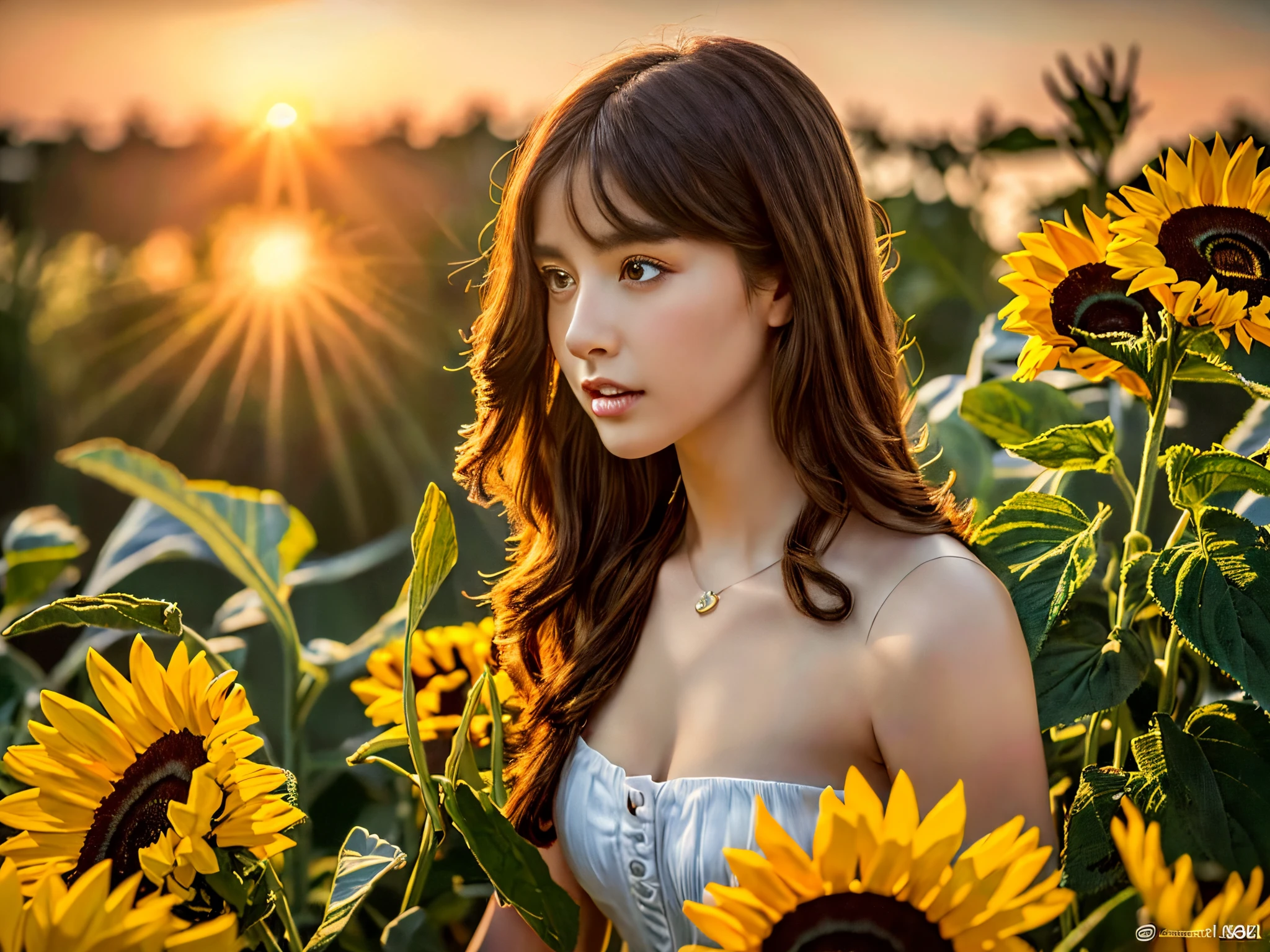 (best quality,4k,8k, highres, masterpiece:1.2), ultra-realistic, photorealistic, photo-realistic:1.37), HDR, UHD, studio lighting, ultra-fine painting, sharp focus, physically based rendering, extreme detail description, professional, vivid colors, a girl in the sunflowers, fractal art,