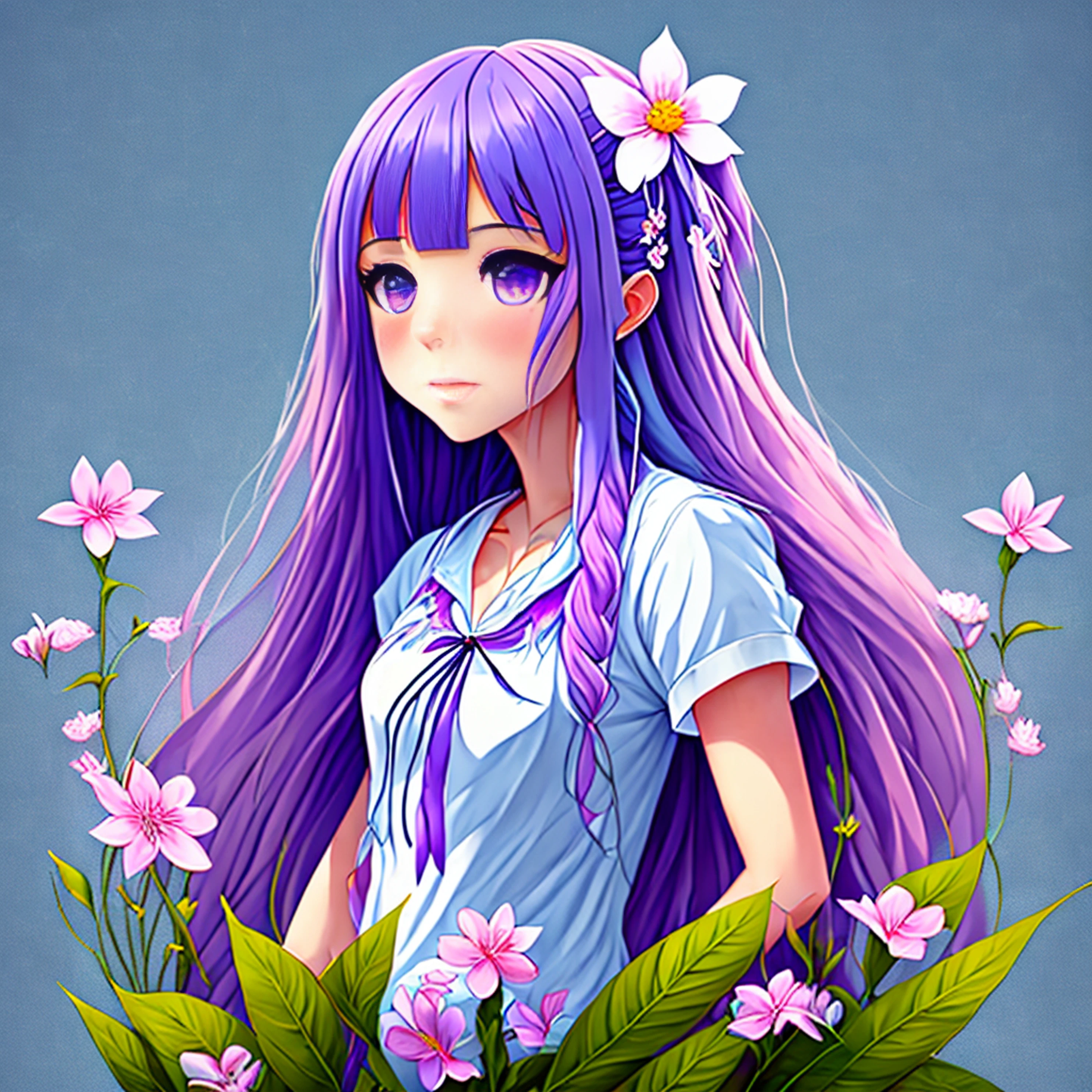 best quality, masterpiece, extremely detailed, detailed background, 1girl, solo, long hair, flower, blue hair, white background, pink flower, simple background, profile, upper body, shirt, white shirt, white flower, bow, bangs, purple eyes, leaf, blush