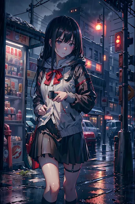 8K，tmasterpiece，Best quality，hyper-detailing，realistically，realistically，Extremely detailed face，电影灯光，电影灯光，ray traycing，unlit hair， On cloudy streets，Corner store，Bus stop，Buoggy and heavy rain，Girl with long black hair and black eyes.。She is wearing a red...