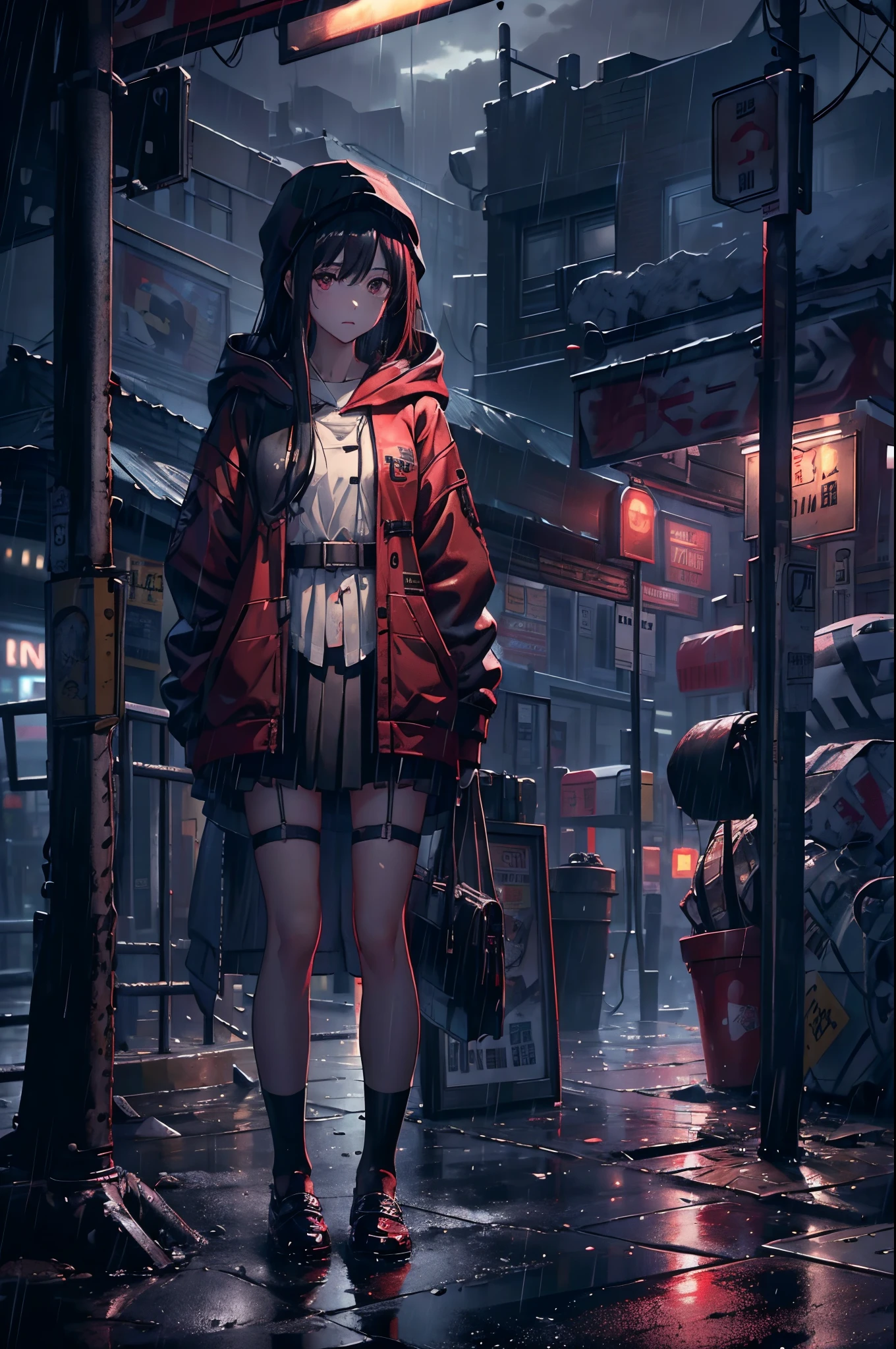 8K，tmasterpiece，Best quality，hyper-detailing，realistically，realistically，Extremely detailed face，电影灯光，电影灯光，ray traycing，unlit hair， On cloudy streets，Corner store，Bus stop，Buoggy and heavy rain，Girl with long black hair and black eyes.。She is wearing a red hooded jacket，White color blouse，Short black skirt and black garter belt，Clothes soaked by rain，Black exposure，depth of fieldtent ），Cinema lens lighting