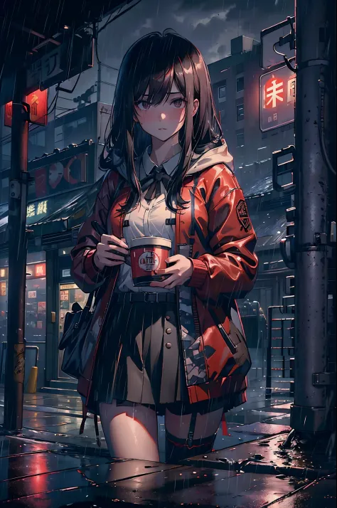 8K，tmasterpiece，Best quality at best，hyper-detailing，realistically，realistically，Extremely detailed face，电影灯光，电影灯光，Ray traching，unlit hair， on a cloudy street，Corner store，Bus stop，foggy and heavy rain，A girl with long black hair and black eyes.。She is wea...