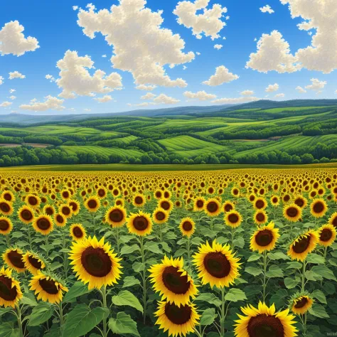 sunflower field,blossoming flowers,bright sunlight,petals glowing in the light,green leaves rustling in the breeze,vibrant yello...