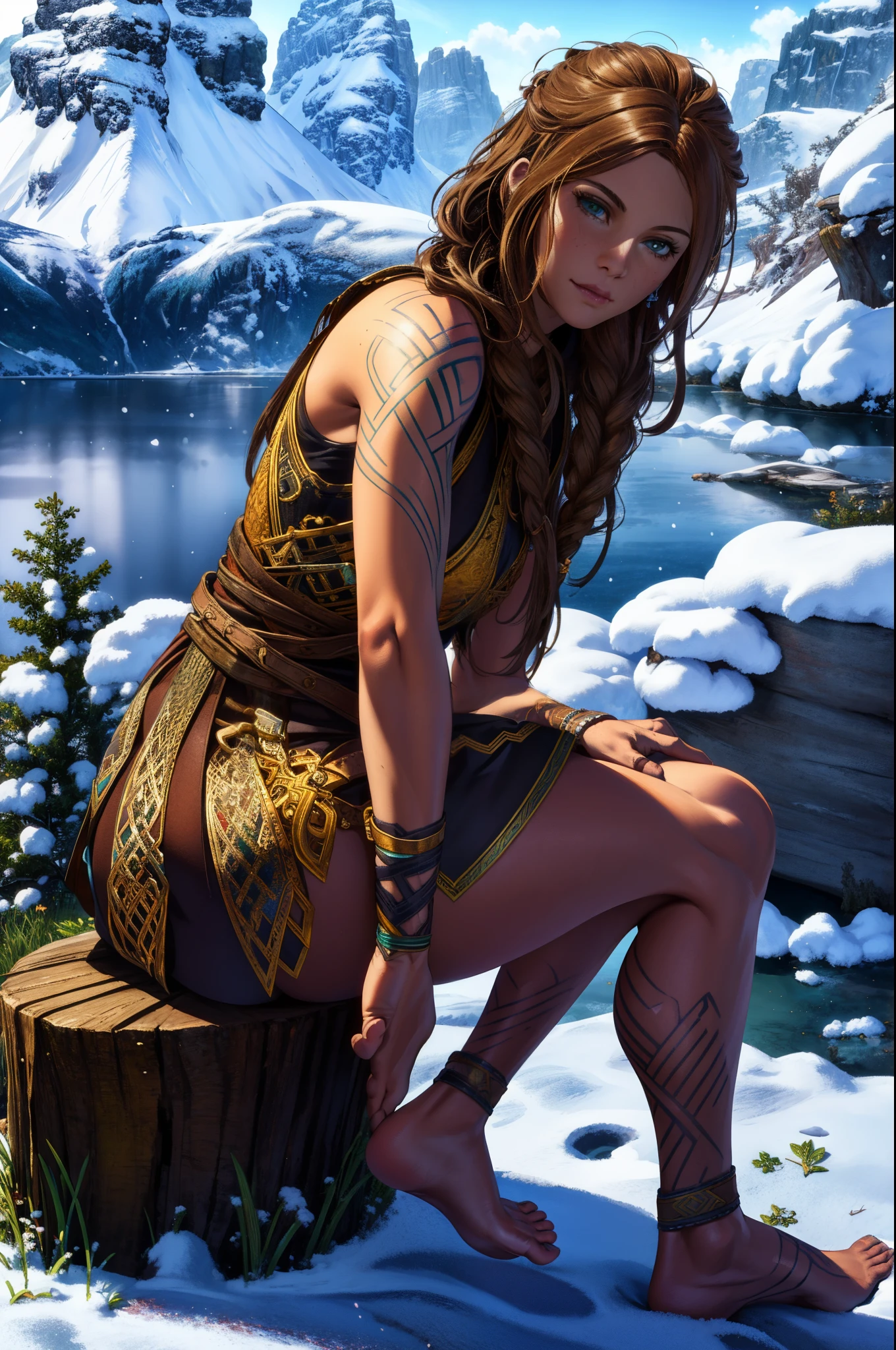 beautiful, (masterpiece:1.2), (best quality:1.2), Freya, looking at view, Snowy nordic background, Sitting on a stump,Celtic tattoos on arms, small feet