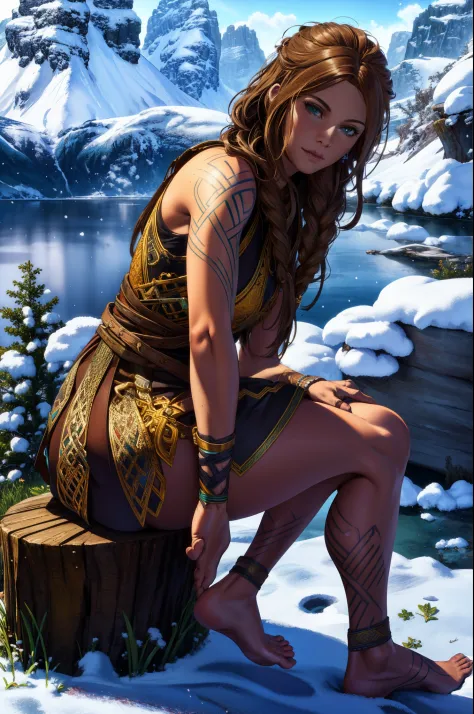 beautiful, (masterpiece:1.2), (best quality:1.2), freya, looking at view, snowy nordic background, sitting on a stump,celtic tat...