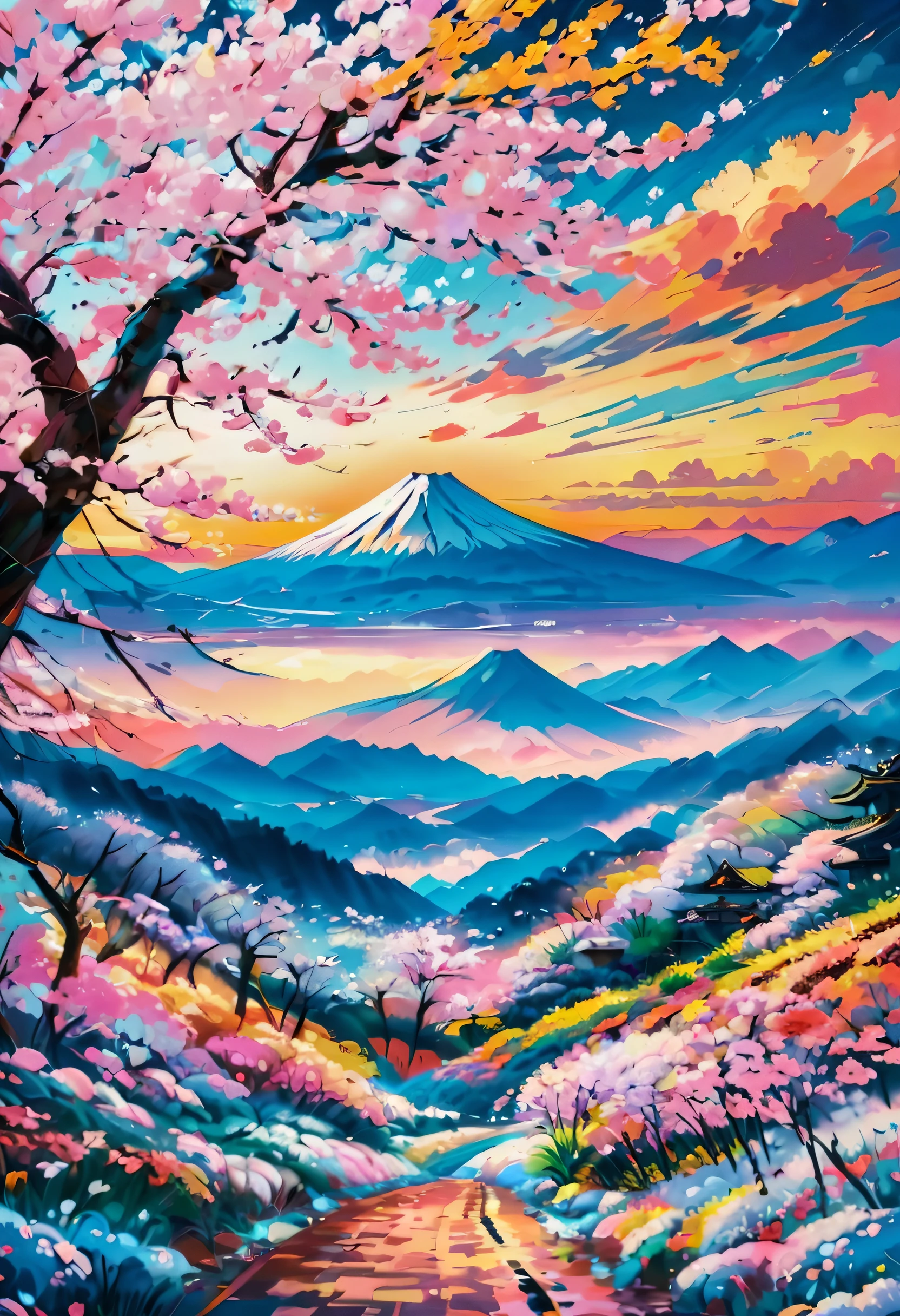 Best Quality、masutepiece、8K、Mt fuji、(Sakura blizzard、springtime)