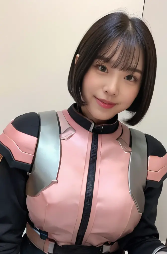 （ultra best quality、in 8K、masuter piece、delicate illustration、full body Esbian）,(She wears a futuristic shiny satin combat uniform in dark pink and white。。。。。。。。。。。。:1.3)、(Close-fitting combat uniform)、Beautiful and bewitching Japanese 25-year-old office l...
