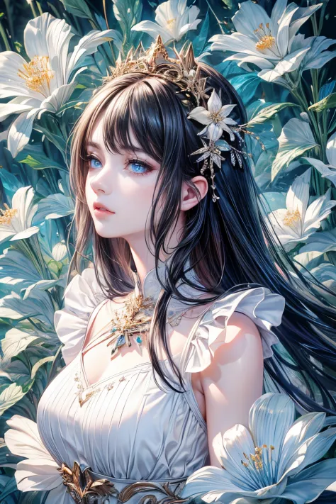 "(best quality,8K,CG),detailed upper body,lonely girl,floral dress,forest background,detailed facial features,elegant black long hair,almond blue eyes,detailed eye makeup,long fluttering eyelashes,blinking eyes,twinkling stars,complex lip details,soft and ...