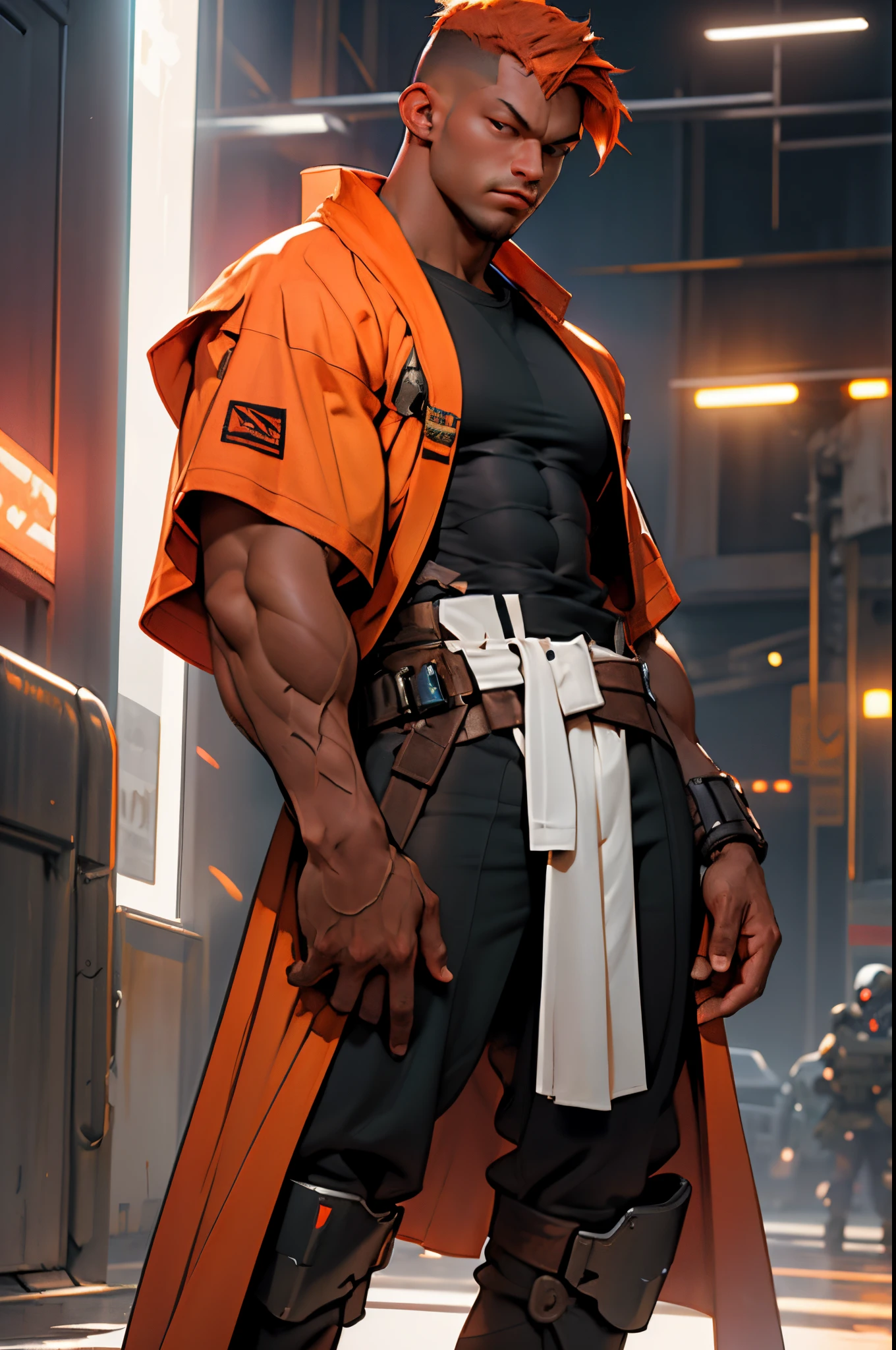 Height 175 cm, the optimal height, orange hair, military haircut, dark brown tight shirt, tight clothing, body full of muscles; ripped abs, V-shaped body, thick waist, long legs, strong arms. Jedi robe,  purple Lightsaber