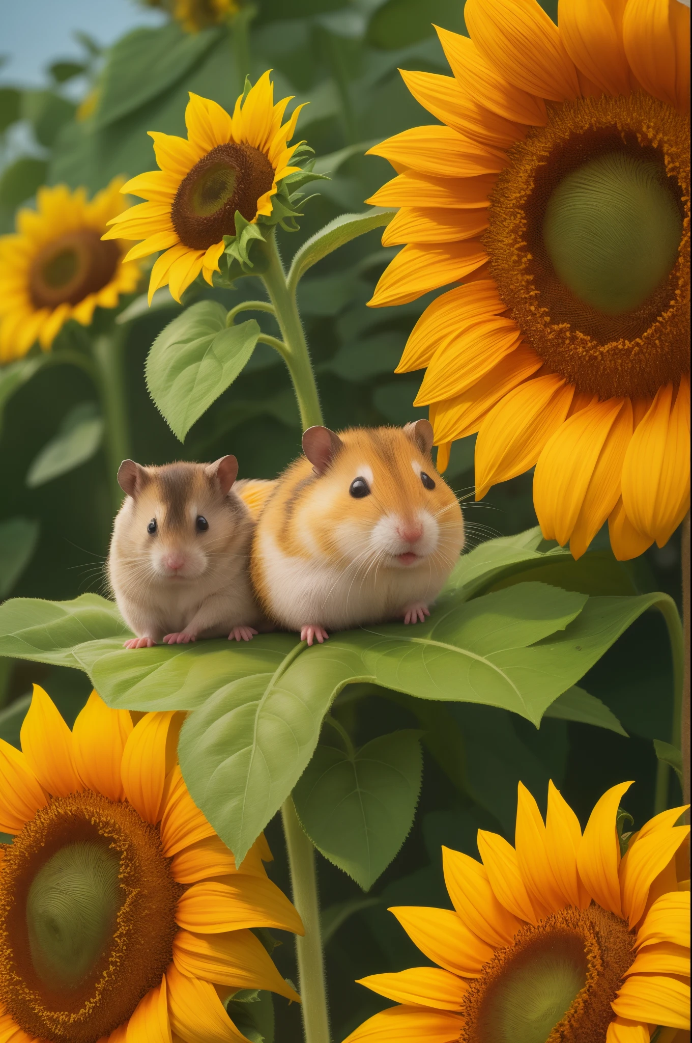 ((sunflower)) blooming, hamster hapy