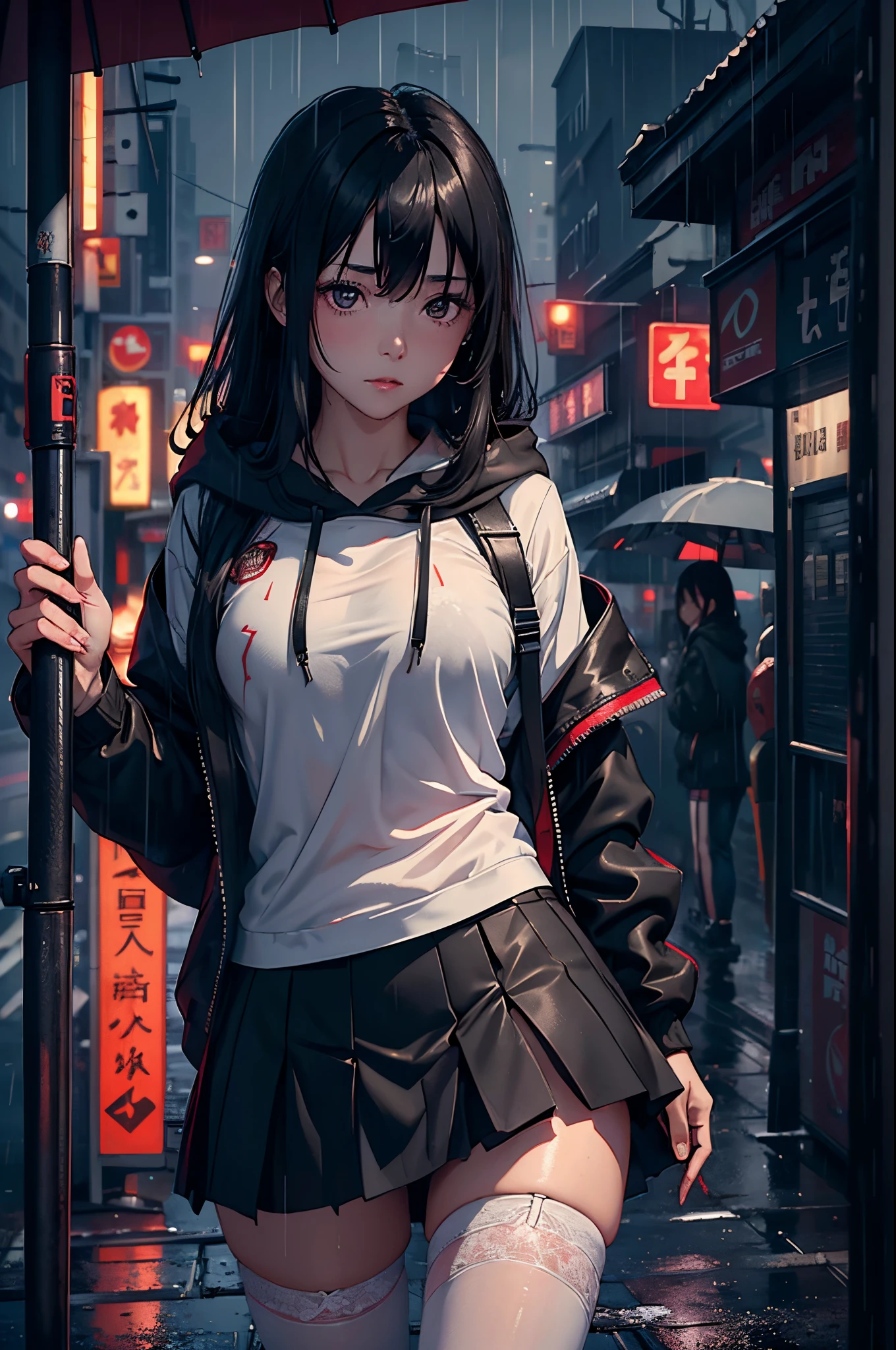 8K，tmasterpiece，Best quality，hyper-detailing，realistically，realistically，Extremely detailed face，电影灯光，电影灯光，ray traycing，unlit hair， On cloudy streets，Corner store，Bus stop，Buoggy and heavy rain，Girl with long black hair and black eyes.。She is wearing a red hooded jacket，White color blouse，Short black skirt and black garter belt，Clothes soaked by rain，Black exposure，depth of fieldtent ），Cinema lens lighting