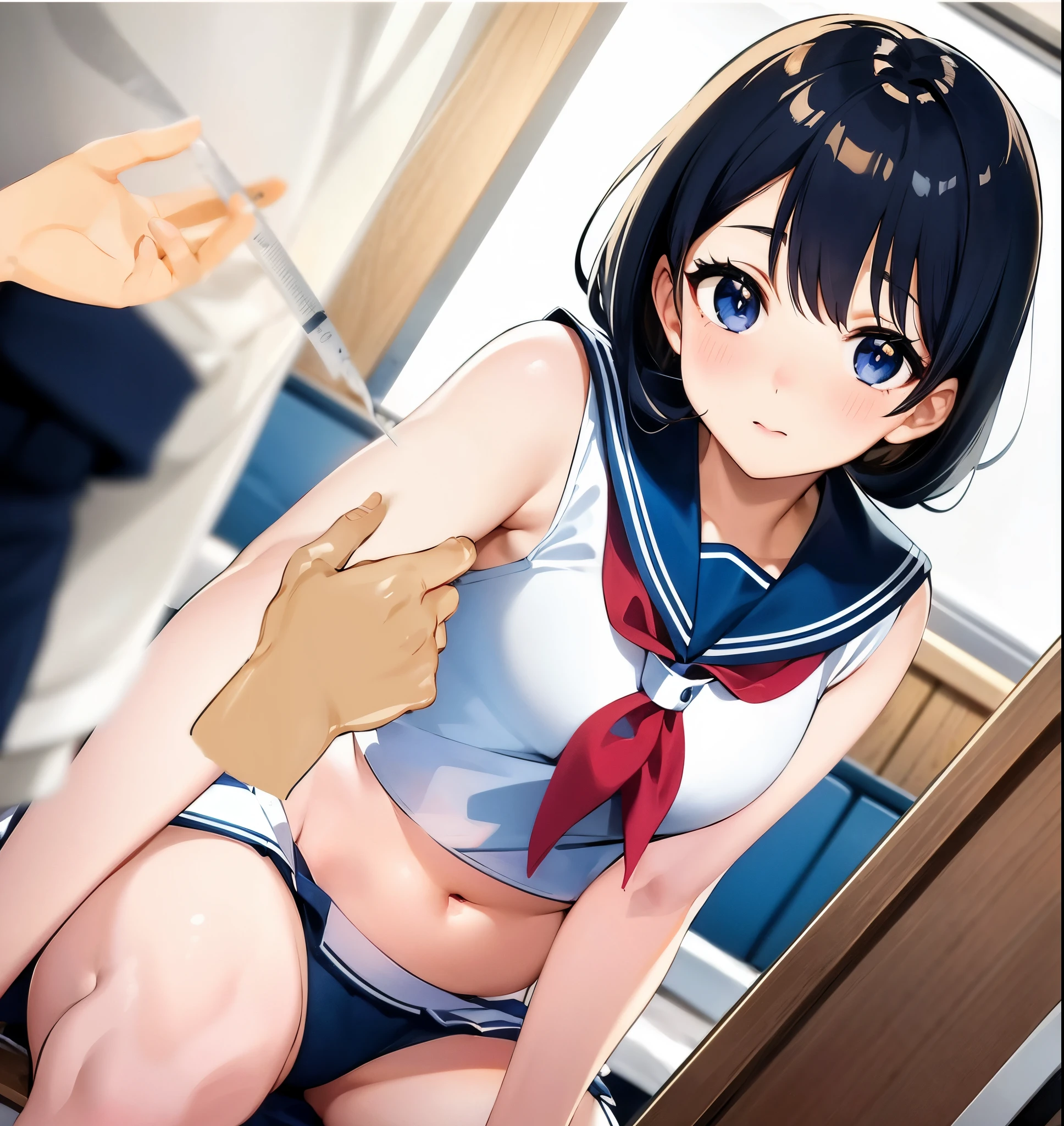 Anime girl in uniform kneeling down with her hand on her hip - SeaArt AI