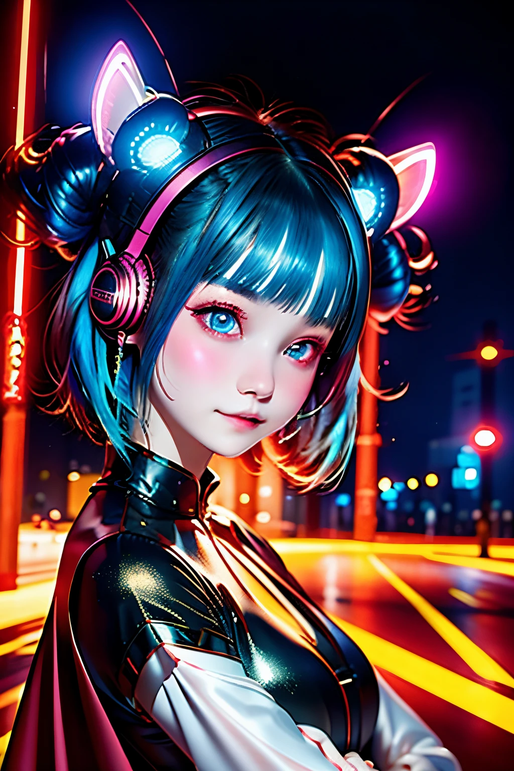 1 girl, Chinese_Clothes, metallic black titanium and pink, cyberhan, Cheongsam, Cyberpunk City, Dynamic Pose, (((Detailed blue light-emitting headphones, Bright blue hair accessories))), Long hair, Luminous earrings, glowing necklace, Cyberpunk, High-tech City, Full of mechanical and futuristic elements, Futuristic, Technology, glowing neon, Pink, Pink light, sexy skirt, translucent black cape, laser lights, digital background sky, Big Moon, with vehicle, Best Quality, masutepiece, 8K, character edge light, Super High Detail, High quality, the most beautiful woman in human beings, Smile, face facing front and left and right symmetry, ear decoration, long antenna glow, Beautiful pupils, Light Effects, Visual data, Silver-Red Orange Hair Dye, ultra-detailed facial texture, Happy and proud, arma , crowded street aisle, Mecha style, Wearing glowing antennae on the head, Back Injector, Girly sitting position, Side leg shrinkage